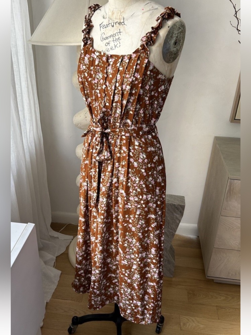 & Other Stories Women’s Brown Floral Tie-Waist Midi Dress